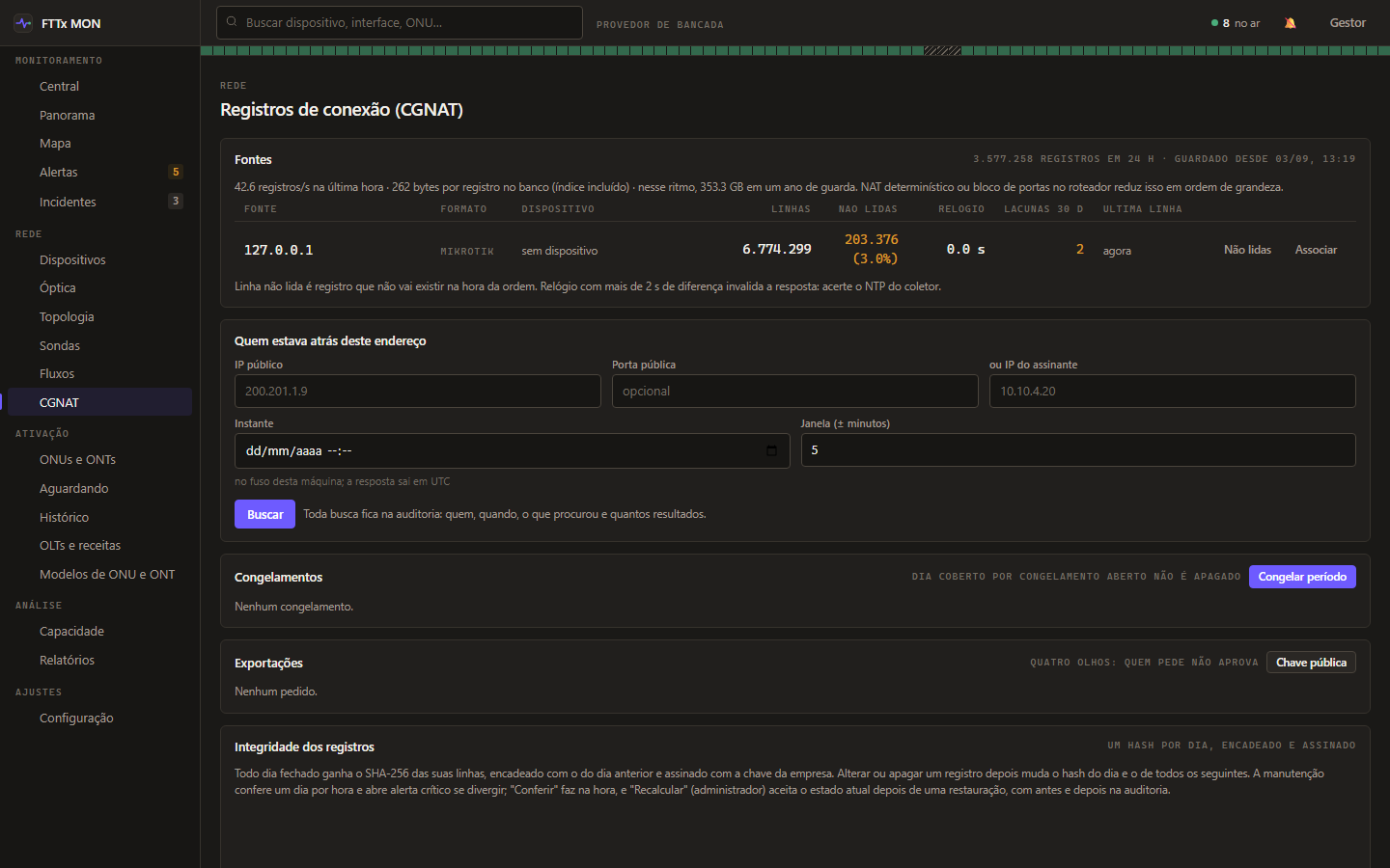 Tela de registros de conexão do FTTx MON, com as fontes recebendo dados e o formulário de busca por endereço, porta e instante.