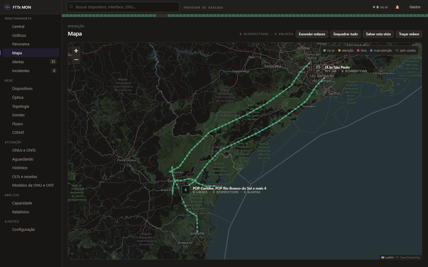 Mapa do FTTx MON mostrando POPs em cidades do Paraná ligados por enlaces que seguem o traçado das estradas até São Paulo e Joinville.
