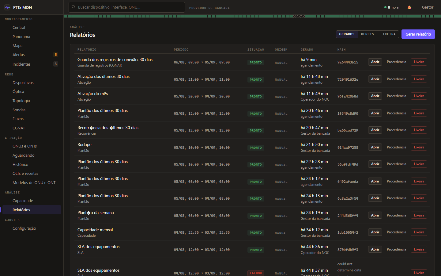 Tela de relatórios do FTTx MON com as execuções geradas, período, situação e o código de conferência de cada resultado.