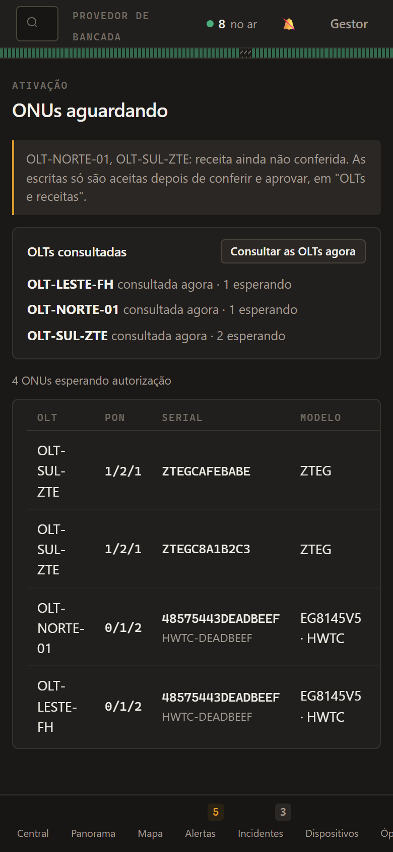 Tela do FTTx MON no celular, mostrando a fila de ONUs aguardando autorização para o técnico de campo.