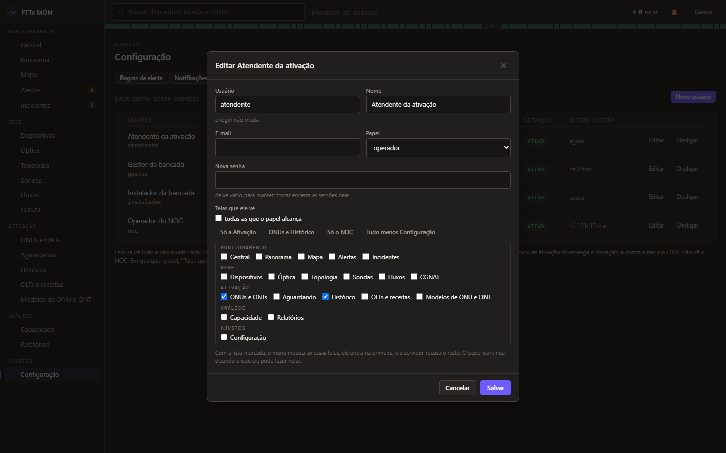 Configuração de um usuário no FTTx MON, com as caixas das telas que ele pode ver, agrupadas por módulo.